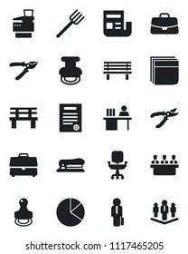 Set of vector isolated black icon - case vector, farm fork, pruner, bench, pie graph, news, office chair, blank box, manager desk, meeting, copier, contract, stamp, stapler, company