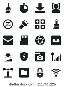 Set of vector isolated black icon - no laptop vector, antenna, protect, themes, stopwatch, mail, record, sd, network, folder, download, torch, brightness, lock, face id, photo gallery, application