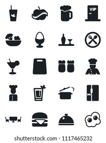 Set of vector isolated black icon - diet vector, fridge, cook, dish, alcohol, cafe, cocktail, phyto bar, beer, salad, egg stand, salt and pepper, table, vip zone, hamburger, cutting board, omelette