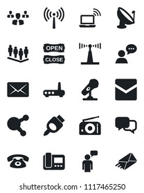 Set of vector isolated black icon - antenna vector, wireless notebook, speaking man, team, satellite, microphone, radio, dialog, speaker, share, hdmi, mail, phone, open close, router, intercome