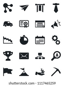 Set of vector isolated black icon - stopwatch vector, consumer search, gear, palm sproute, motivation, pennon, crisis, calendar, flag, car, paper plane, schedule, social media, hierarchy, mail, tie