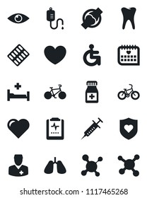 Set of vector isolated black icon - heart vector, molecule, syringe, dropper, pills bottle, blister, bike, shield, hospital bed, disabled, lungs, tooth, eye, joint, medical calendar, pulse clipboard