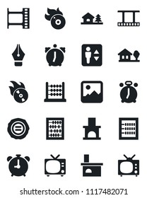 Set of vector isolated black icon - elevator vector, alarm clock, tv, abacus, stamp, fireplace, film frame, flame disk, gallery, ink pen, house with tree