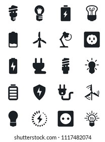 Set of vector isolated black icon - bulb vector, battery, low, protect, charge, desk lamp, windmill, socket, power plug, energy saving, idea