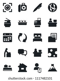 Set of vector isolated black icon - baggage conveyor vector, baby room, pen, manager place, seedling, patient, folder document, camera, network, dialog, update, calendar, copier, house, bedroom