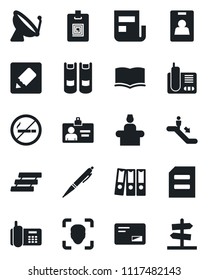 Set of vector isolated black icon - satellite antenna vector, escalator, no smoking, reception, identity card, book, document, office phone, radio, mail, notes, face id, news, paper binder, tray