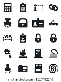 Set of vector isolated black icon - barrier vector, alarm car, identity, lock, card, hose, flammable, chain, sd, stamp, vip zone, home control, intercome, combination, fingerprint