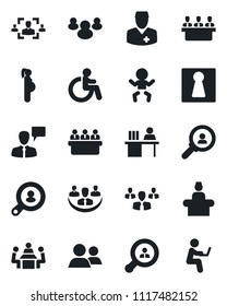 Set of vector isolated black icon - female vector, baby, disabled, reception, speaking man, meeting, doctor, pregnancy, group, company, hr, manager desk, client search, consumer, with notebook