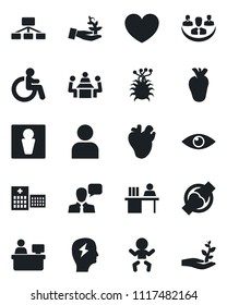 Set of vector isolated black icon - male vector, baby, disabled, brainstorm, manager place, heart, real, eye, joint, hospital, virus, speaker, user, company, desk, meeting, palm sproute, hierarchy