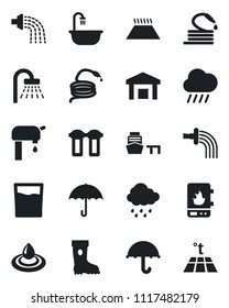 Set of vector isolated black icon - shower vector, watering, boot, rain, hose, sea port, umbrella, warehouse, water supply, bathroom, drink, heater, filter, warm floor