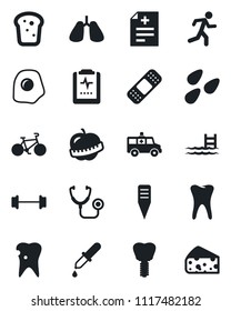 Set of vector isolated black icon - plant label vector, seeds, diagnosis, stethoscope, dropper, patch, ambulance car, barbell, bike, run, lungs, tooth, caries, implant, pulse clipboard, diet, pool