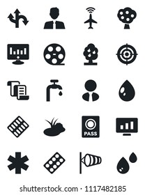 Set of vector isolated black icon - plane radar vector, passport, wind, contract, statistic monitor, water drop, pond, pills blister, ambulance star, route, reel, target, supply, fruit tree