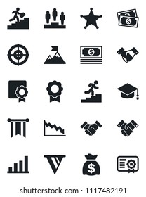 Set of vector isolated black icon - handshake vector, pedestal, graduate, money bag, cash, sertificate, bar graph, target, career ladder, police, motivation, pennon, crisis, certificate