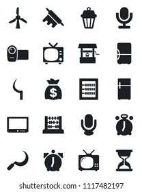 Set of vector isolated black icon - alarm clock vector, tv, abacus, money bag, well, sickle, video camera, microphone, rolling pin, outdoor lamp, fridge, windmill, sand