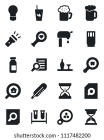 Set of vector isolated black icon - document search vector, bulb, blood test vial, thermometer, heart diagnostic, ampoule, cargo, torch, water supply, estate, alcohol, drink, phyto bar, beer