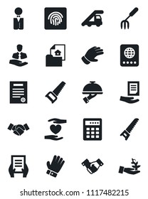 Set of vector isolated black icon - passport vector, ladder car, handshake, document, garden fork, glove, saw, heart hand, client, fingerprint id, contract, estate, waiter, combination lock
