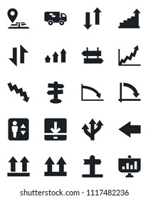 Set of vector isolated black icon - elevator vector, signpost, left arrow, growth statistic, crisis graph, route, navigation, up side sign, data exchange, download, moving, presentation