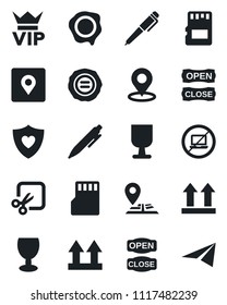 Set of vector isolated black icon - no laptop vector, vip, pen, stamp, heart shield, navigation, fragile, up side sign, sd, cut, place tag, open close, paper plane