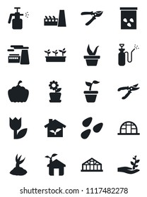 Set of vector isolated black icon - factory vector, seedling, sprout, pruner, pumpkin, greenhouse, seeds, garden sprayer, tulip, flower in pot, eco house, palm