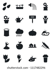 Set of vector isolated black icon - flower in pot vector, watering can, sproute, seedling, rain, plant label, pumpkin, seeds, tulip, oil barrel, house with tree, pond, rolling pin, apple fruit
