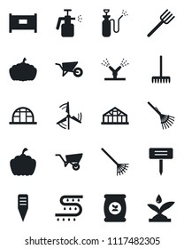 Set of vector isolated black icon - fence vector, farm fork, rake, wheelbarrow, plant label, pumpkin, greenhouse, garden sprayer, fertilizer, drip irrigation, windmill