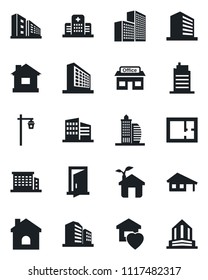 Set of vector isolated black icon - office building vector, house, garden light, hospital, store, with garage, plan, sweet home, city, eco, door