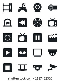 Set of vector isolated black icon - ticket office vector, clapboard, film frame, reel, gamepad, tv, video camera, play button, pause, stop, rewind, record, web, surveillance