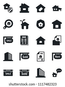 Set of vector isolated black icon - office building vector, contract, house, with garage, estate document, sale, rent, sold signboard, search, smart home, insurance, eco, message