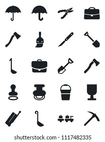 Set of vector isolated black icon - suitcase vector, stamp, baggage larry, job, shovel, bucket, pruner, axe, scalpel, fragile, umbrella, themes, case, ladle, hard work