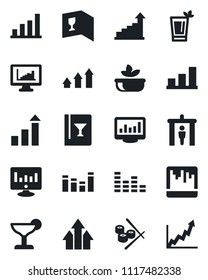 Set of vector isolated black icon - security gate vector, growth statistic, monitor, equalizer, scanner, statistics, bar graph, wine card, cocktail, salad, sushi, arrow up