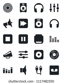 Set of vector isolated black icon - vinyl vector, speaker, loudspeaker, settings, equalizer, headphones, pause button, stop, fast forward, rec, rca, hdmi, tuning, record