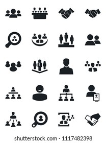 Set of vector isolated black icon - handshake vector, hierarchy, pedestal, patient, group, user, company, hr, meeting, client search