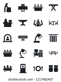 Set of vector isolated black icon - cafe vector, baby room, reception, flight table, medical, desk, meeting, manager place, picnic, lamp, restaurant, reserved, salt and pepper
