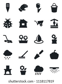 Set of vector isolated black icon - flower in pot vector, trowel, rake, wheelbarrow, bucket, glove, lawn mower, lady bug, house, water drop, rain, well, plant label, pumpkin, fireplace, tulip