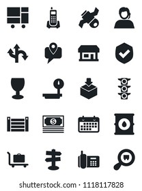 Set of vector isolated black icon - baggage trolley vector, route, signpost, store, satellite, cash, traffic light, office phone, support, mobile tracking, term, container, consolidated cargo