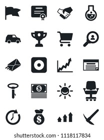 Set of vector isolated black icon - rec button vector, alarm led, consumer search, arrow up graph, handshake, money bag, clock, growth, office chair, cart, flask, flag, cash, car, schedule, mail