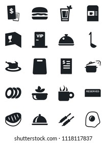 Set of vector isolated black icon - coffee machine vector, dish, wine card, reserved, phyto bar, salad, plates, vip zone, restaurant receipt, chicken, steak, kebab, hamburger, ladle, cutting board