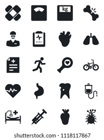 Set of vector isolated black icon - heart pulse vector, diagnosis, syringe, dropper, diagnostic, scales, patch, bike, run, hospital bed, stomach, lungs, real, caries, broken bone, clipboard, doctor