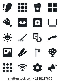 Set of vector isolated black icon - checkroom vector, coffee, document reload, rake, garden light, tv, rec button, menu, gallery, settings, record, stapler, fruit tree, wireless, ham, knife