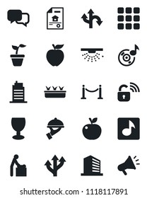 Set of vector isolated black icon - fence vector, baby room, office building, seedling, route, fragile, dialog, menu, music, estate document, city house, waiter, apple fruit, wireless lock