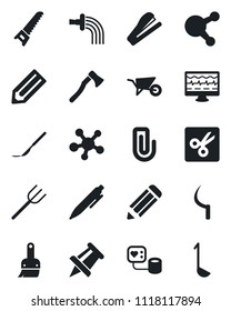 Set of vector isolated black icon - pen vector, drawing pin, pencil, farm fork, wheelbarrow, watering, saw, sickle, axe, monitor pulse, blood pressure, scalpel, share, themes, cut, paper clip, ladle