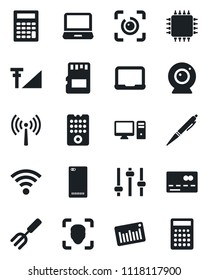 Set of vector isolated black icon - antenna vector, credit card, notebook pc, garden fork, barcode, laptop, phone back, tuning, sd, wireless, face id, eye, cellular signal, pen, chip, remote control