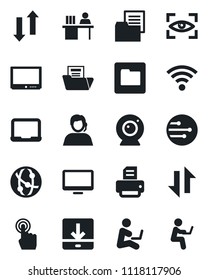 Set of vector isolated black icon - notebook pc vector, printer, support, folder document, tv, network, touch screen, monitor, data exchange, download, wireless, manager desk, web camera, eye scan