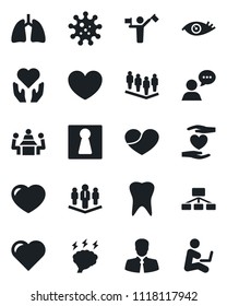 Set of vector isolated black icon - dispatcher vector, female, team, brainstorm, heart, hand, lungs, tooth, eye, virus, client, speaker, meeting, company, hierarchy, man with notebook