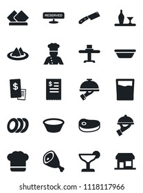 Set of vector isolated black icon - cook vector, alcohol, restaurant table, serviette, hat, reserved, drink, cocktail, plates, waiter, receipt, steak, ham, bowl, knife, storefront