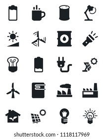Set of vector isolated black icon - hot cup vector, bulb, factory, oil barrel, battery, low, torch, brightness, desk lamp, sun panel, windmill, eco house, power plug, water heater, idea