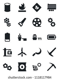 Set of vector isolated black icon - gear vector, saw, sickle, truck trailer, sea port, flammable, oil barrel, reel, low battery, sun panel, windmill, crane, hard work