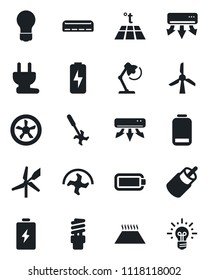 Set of vector isolated black icon - bulb vector, ripper, low battery, rca, charge, desk lamp, air conditioner, power plug, fan, warm floor, energy saving, windmill, idea