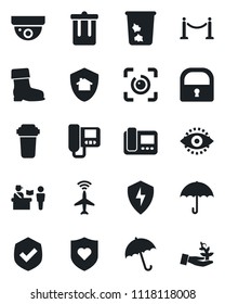 Set of vector isolated black icon - plane radar vector, fence, passport control, umbrella, trash bin, boot, heart shield, protect, lock, eye id, intercome, water filter, home, surveillance