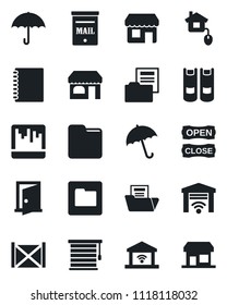 Set of vector isolated black icon - umbrella vector, shop, book, container, scanner, folder, copybook, document, mailbox, open close, home control, jalousie, garage gate, door, storefront